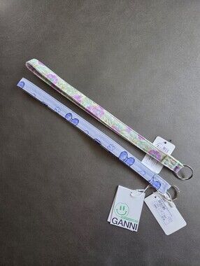 Ganni Printed Organic Cotton Canvas Bag Strap Set Of 2 NWT